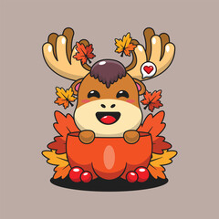 Cute moose in a pumpkin in autumn cartoon vector illustration