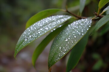 Obraz premium A green leaf with water droplets on it