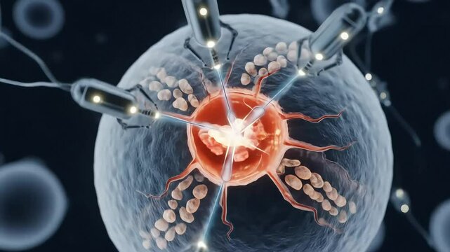 Nanobots performing microsurgery on damaged cell using advanced technology