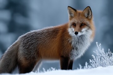Fototapeta premium A red fox standing in the snow looking at the camera