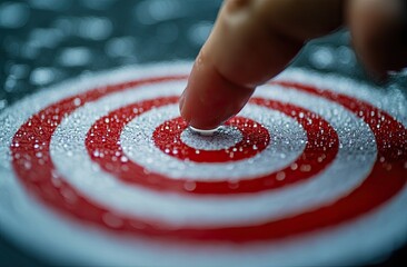 Close-up of a finger touching a red and white circular target, with focus on the center