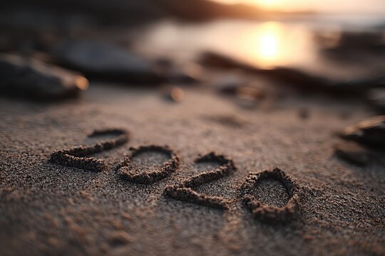 The word 2020 written in the sand on a beach at sunset - Powered by Adobe