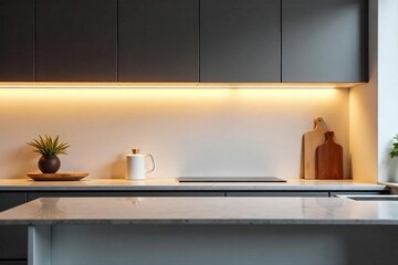 Warm LED Pipe Lights Illuminate Minimalist Kitchen, Casting Soft Glow on Counter and Backsplash - Perfect for Interior Design Inspiration