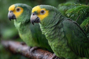 Obraz premium Two green parrots sitting on a branch in the rain