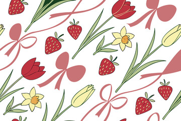 Charming hand drawn spring tulips daffodils strawberries and hearts with ribbons