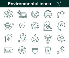 Simple line icons with elements of ecology, nature and energy. Great for presentations, web design and infographics. Clean outline style on transparent background. Vector illustration