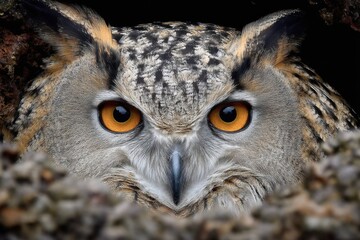 Obraz premium A close up of an owl's face peeking out of a hole in a tree