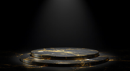Elegant black and gold marble podium stage for product presentation and display
