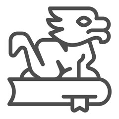 Dragon and book with bookmark line icon, book festival concept. Vector graphics. Book with dragon animal, fantasy story sign on white background, outline style icon for mobile or web design.