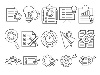 Project Management Business Strategy Planning Icons Set – Line Style Management, Goal Setting, and Workflow Elements