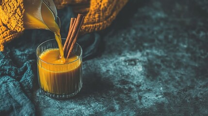 Golden milk pouring, autumnal setting, cozy background, recipe