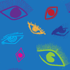 Seamless pattern of Abstract Color Pop Ink Eyes Pattern for textile, fashion design, or funky visual backgrounds.