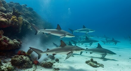 Fototapeta premium Caribbean Reef Sharks Swimming in a Coral Reef Ecosystem