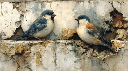 Bird Painting in Faded Greys and Whites on Cracked Stone Wall