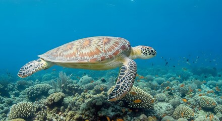 Majestic Green Sea Turtle Gracefully Swimming in Vibrant Coral Reef