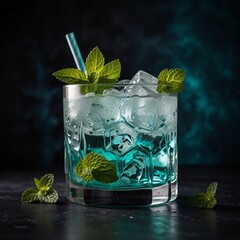 Dark Elegance: Mint Cocktail on Ice in a Glass