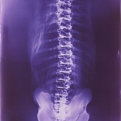 Close-up of an X-ray image showing back pain, on a dark blue background with a light purple glow around the spine area.