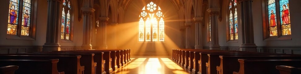 Serene interior of a church, sunlight streaming through stained glass windows illuminating the quiet sanctuary, emphasizing peace and spirituality , romanesque, cross