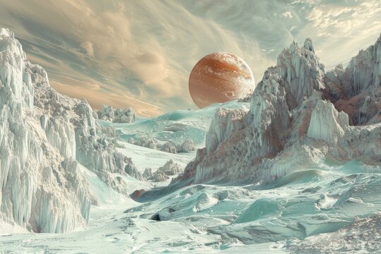 Icy mountain range rises on alien planet surface under huge gaseous giant, science fiction landscape