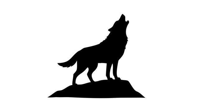 Silhouette of a wolf howling atop a rocky hill against a twilight sky.  