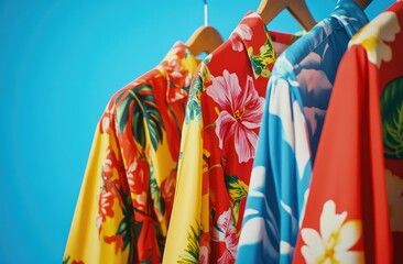 Close-up of colorful Hawaiian shirts hanging on hangers, vibrant floral patterns in reds and yellows against bright blue backgrounds,