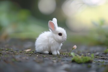 Adorable white baby bunny exploring nature in a garden, enjoying a peaceful moment outdoors