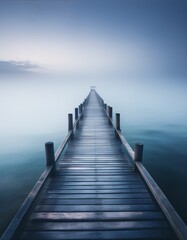 Obraz premium Ein nebliger Küstenblick zeigt im Dämmerlicht einen langen, schmalen Steg, der ins ruhige Meer hinausführt