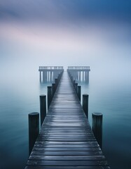 Obraz premium Ein nebliger Küstenblick zeigt im Dämmerlicht einen langen, schmalen Steg, der ins ruhige Meer hinausführt