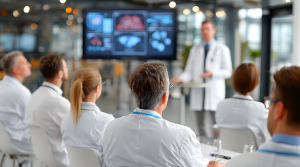 Group of doctors attending seminar in hospital lecture hall with senior physician giving medical presentation and professional training session on healthcare practices