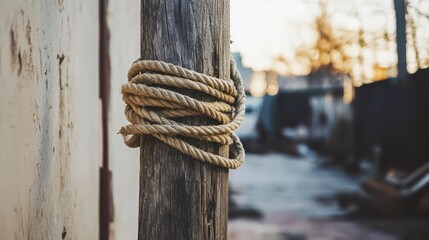 Rustic Wooden Post with Twisted Rope in Urban Setting