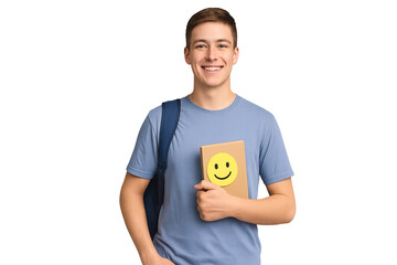 Confident Young Male Student with Backpack and Books on White Background