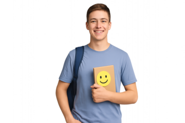 Confident Young Male Student with Backpack and Books on White Background