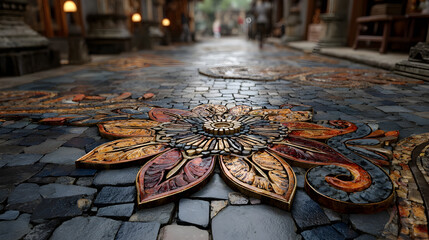 Intricate mosaic flower pattern made from red and orange tiles embedded in pavement