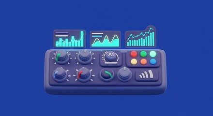 A stylized illustration of a digital mixing console with various controls and data displays.