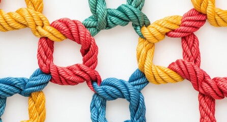 Close-up of colorful ropes knotted together in the shape of an octagon on a white background,