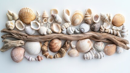 Shells and driftwood arranged in gradient composition .