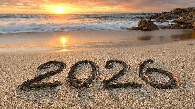 "2026" is handwritten on the seashore at dawn.