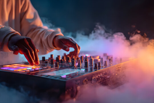 Hands actively adjusting controls on DJ controller in an atmospheric setting. Vibrant smoke and colorful lights create an energetic vibe. Concept of nightlife, entertainment, music events