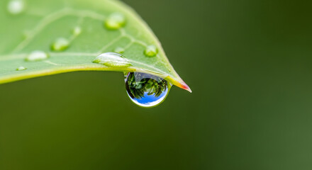 Leaf with Water Droplet Reflecting Trees and Sky: A Symbol for World Population Day