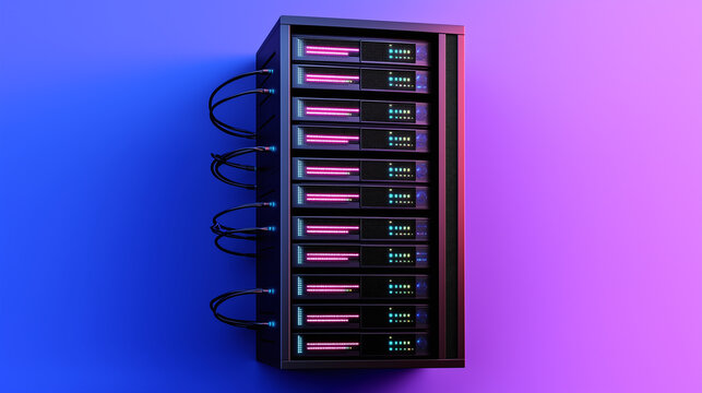 Server rack with glowing pink and blue lights connected by black cables on vibrant blue and purple background, showcasing modern technology and network infrastructure