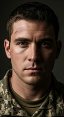 Obraz premium Portrait of a focused soldier in military uniform displaying resilience and determination in a dramatic light setting
