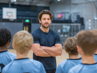 Fototapeta premium Athletic coach standing confidently with arms crossed, addressing a group of young players in blue jerseys, fostering teamwork and motivation in a sports training environment