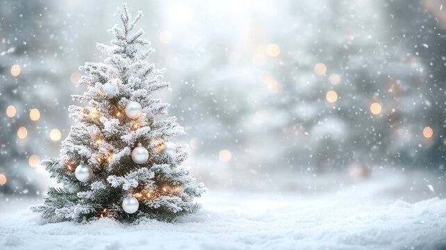 Glowing sunset illuminating white decorated christmas tree, snowflakes evergreen softly around festive drifting branches - Powered by Adobe