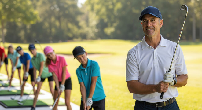 Smiling golf instructor with crossed arms standing confidently on course with students practicing in background. Professional coach teaching group lesson on green field. Sports education concept