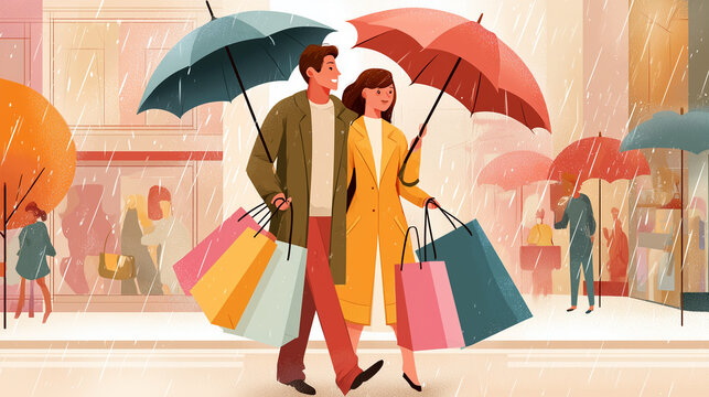 Smiling women holding umbrella and shopping bags in the rain with his companion. 
