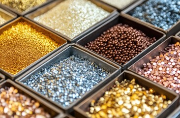Close-up of different types and colors of metal particles in boxes