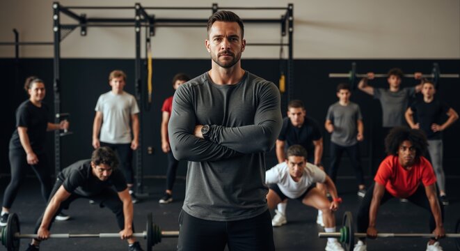 Athletic coach with crossed arms standing confidently in gymnasium with children practicing sports. Fitness instructor leading youth training session with diverse students. Health wellness concept