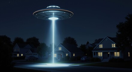 UFO spaceship with bright beam of light hovering over suburban neighborhood at night. Alien spacecraft illuminating houses with blue glow. Science fiction concept