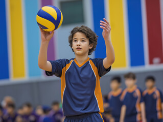 Young boy in sportswear preparing to serve a volleyball during a game in a colorful gymnasium, showcasing athletic skill and teamwork in a vibrant environment