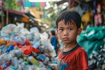Portrait of a young boy standing near a pile of garbage in a slum, highlighting issues of poverty, pollution, and child welfare